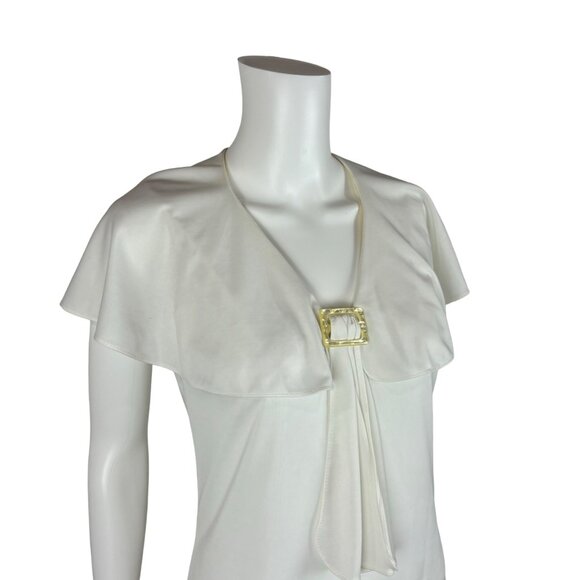 Vintage 70s Necktie Top Women's Small White Flutter Sleeves Capelet Buckle - Picture 5 of 11